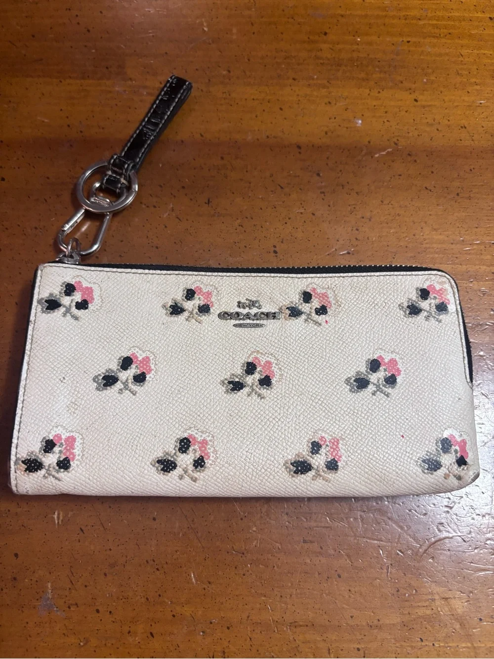 Coach White Pebble Leather Floral Zip Wristlet with Black Strap